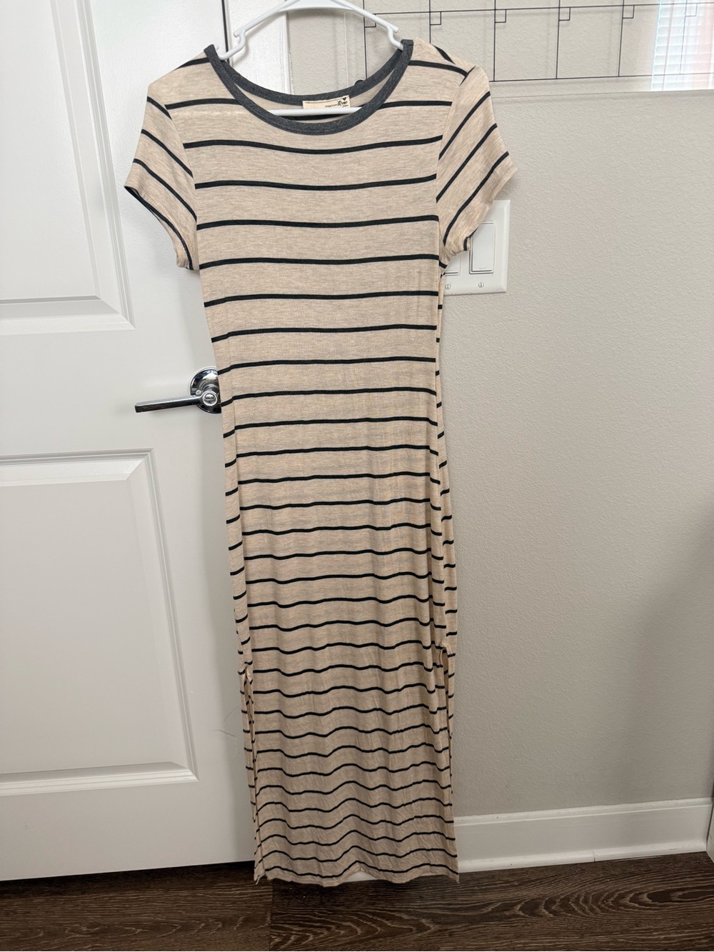 Striped Short-Sleeve Maxi Dress in Beige and Black